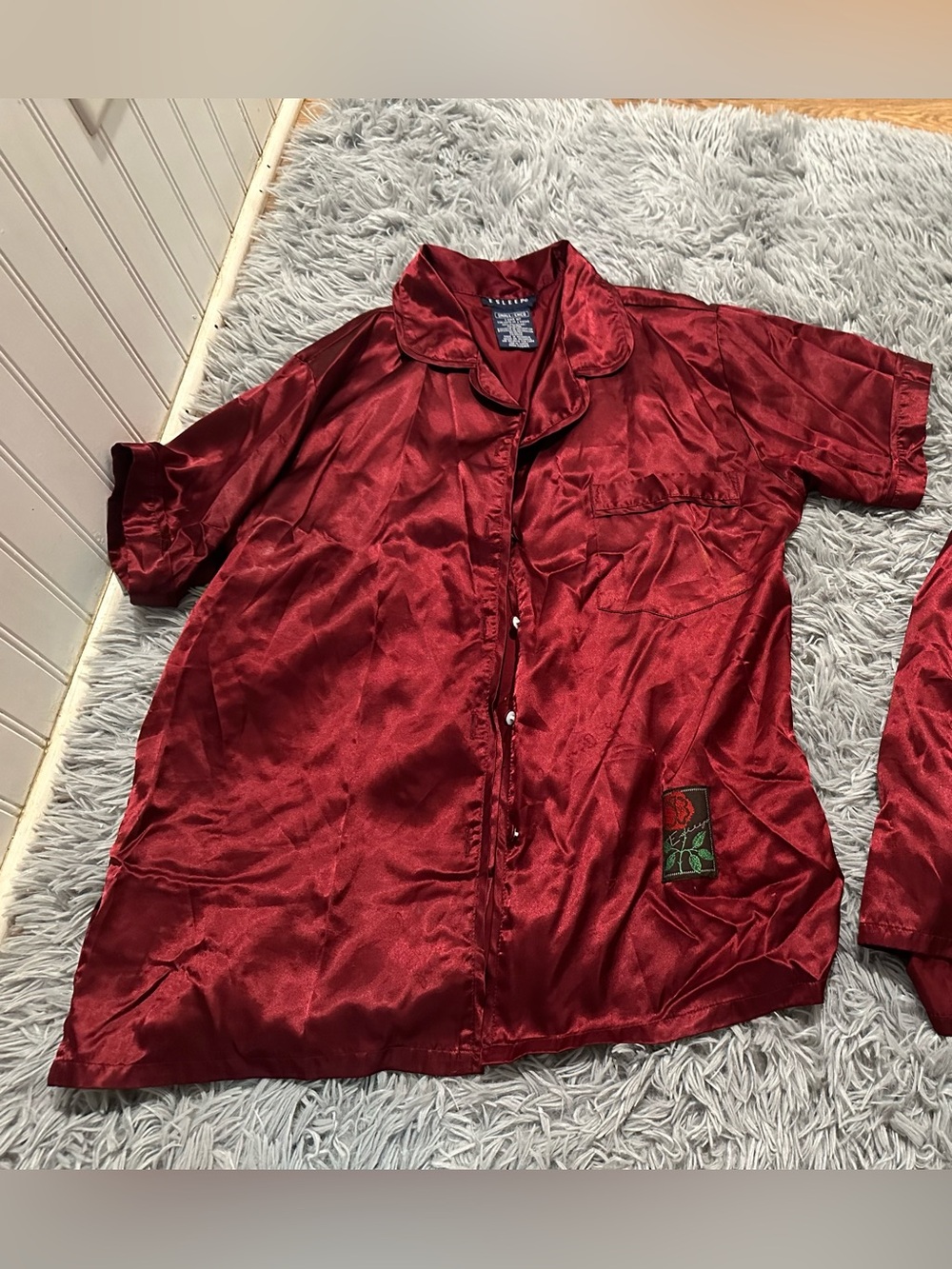 Maroon Burgundy Silky Button Up Pajama Shortsleeve Top size small loungewear